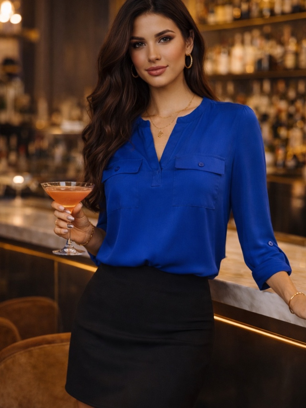 Cobalt Blue Silk Blouse | Roll Tab Sleeve V-Neck | Luxe Work Date Top S